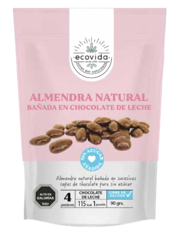 Ecovida - Almendra natural bañada en chocolate de leche (sin azúcar o gluten) 90g