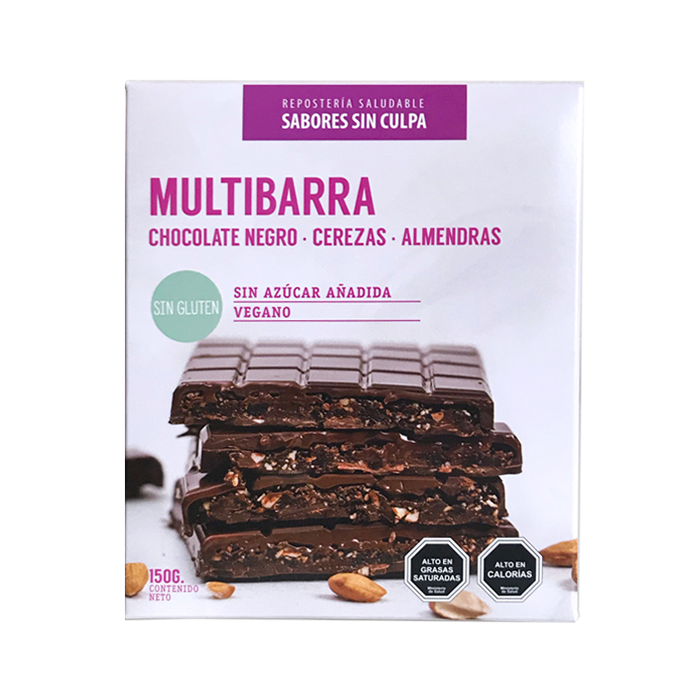 Multibarra Chocolate negro, Cerezas y Almendras (vegano, sin azúcar o gluten) 150g