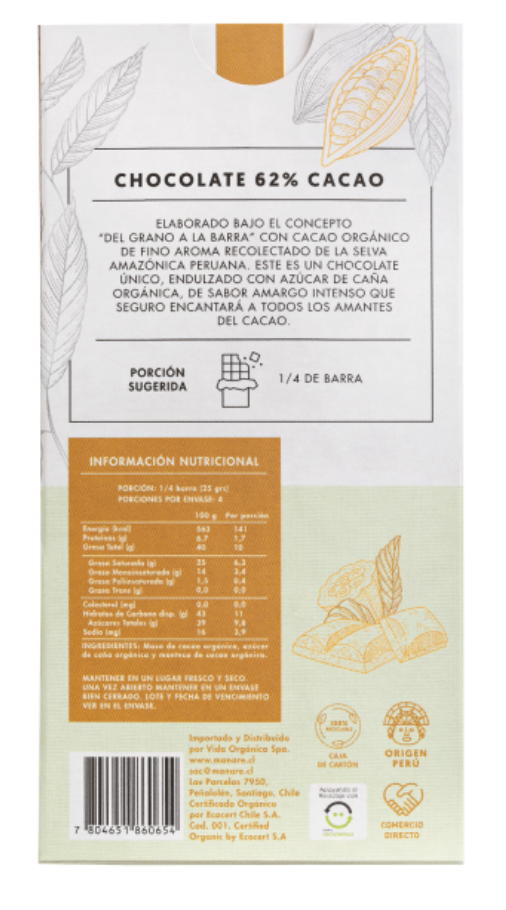 Barra de Chocolate 62% cacao Org. 100g