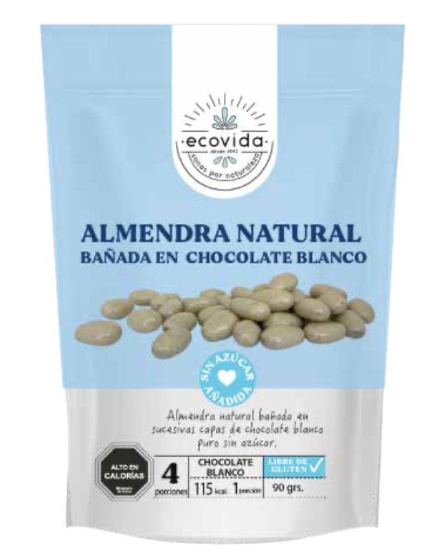 Ecovida - Almendra natural bañada en chocolate blanco (sin azúcar o gluten) 90g
