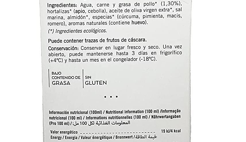 Caldo de pollo orgánico bajo en grasa 1 L - sin gluten
