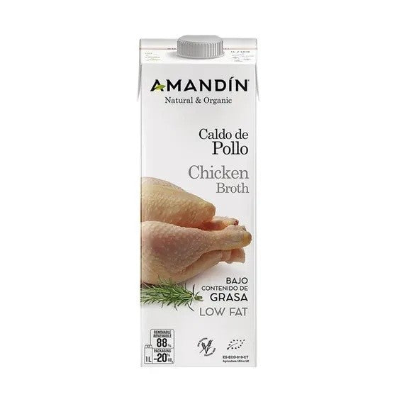 Amandin - Caldo de pollo orgánico bajo en grasa 1 L - sin gluten
