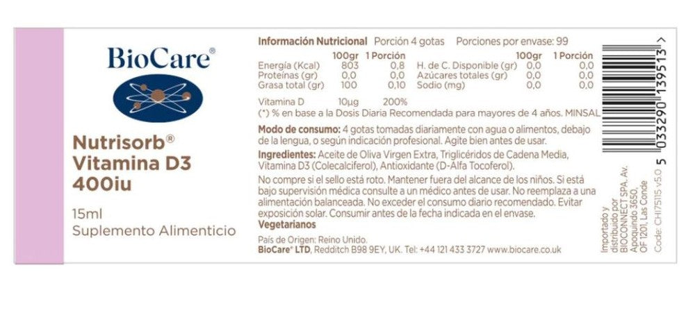 Biocare - Vitamina D3 en gotas 400 U.I BIO-D