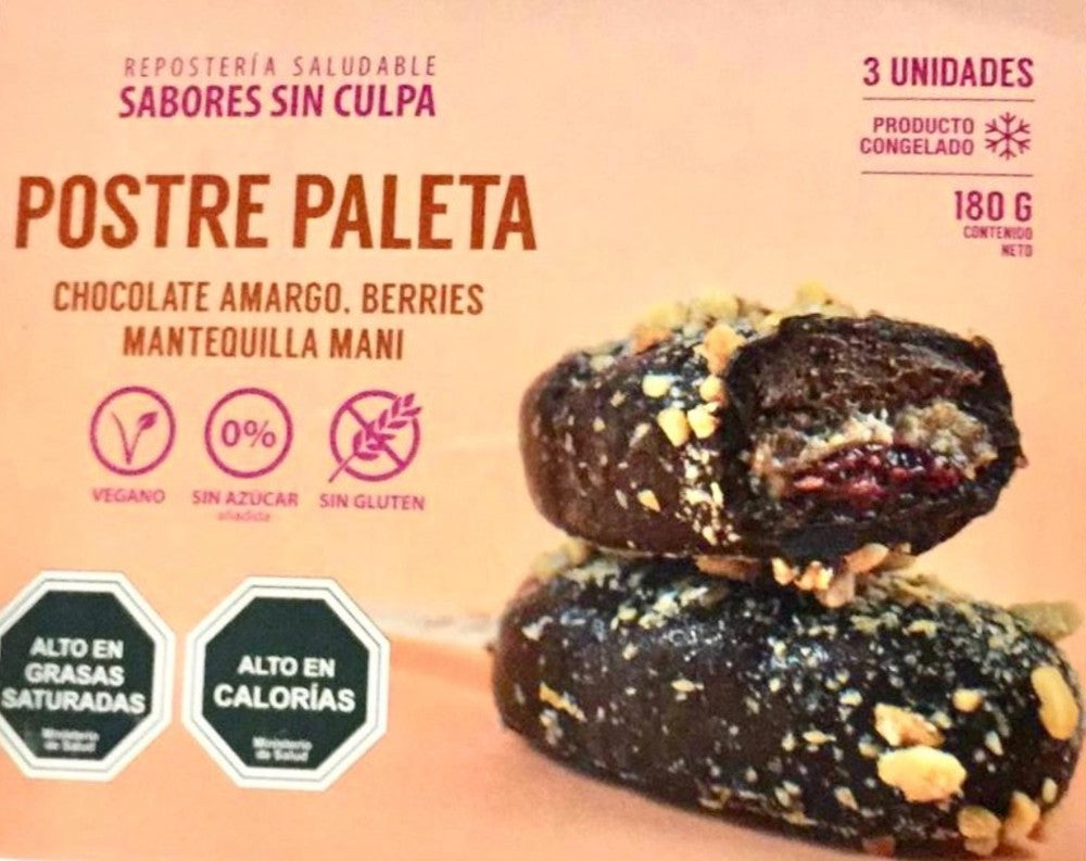 Caja postre paleta Chocolate amargo, Mantequilla de Maní y Berries (vegano, sin azúcar o gluten) 3 unid.