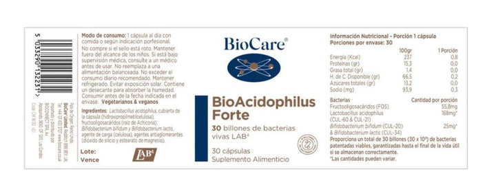 Biocare - Probiotico Forte 30 billones 30 cápsulas - BioAcidophilus 30 Bill