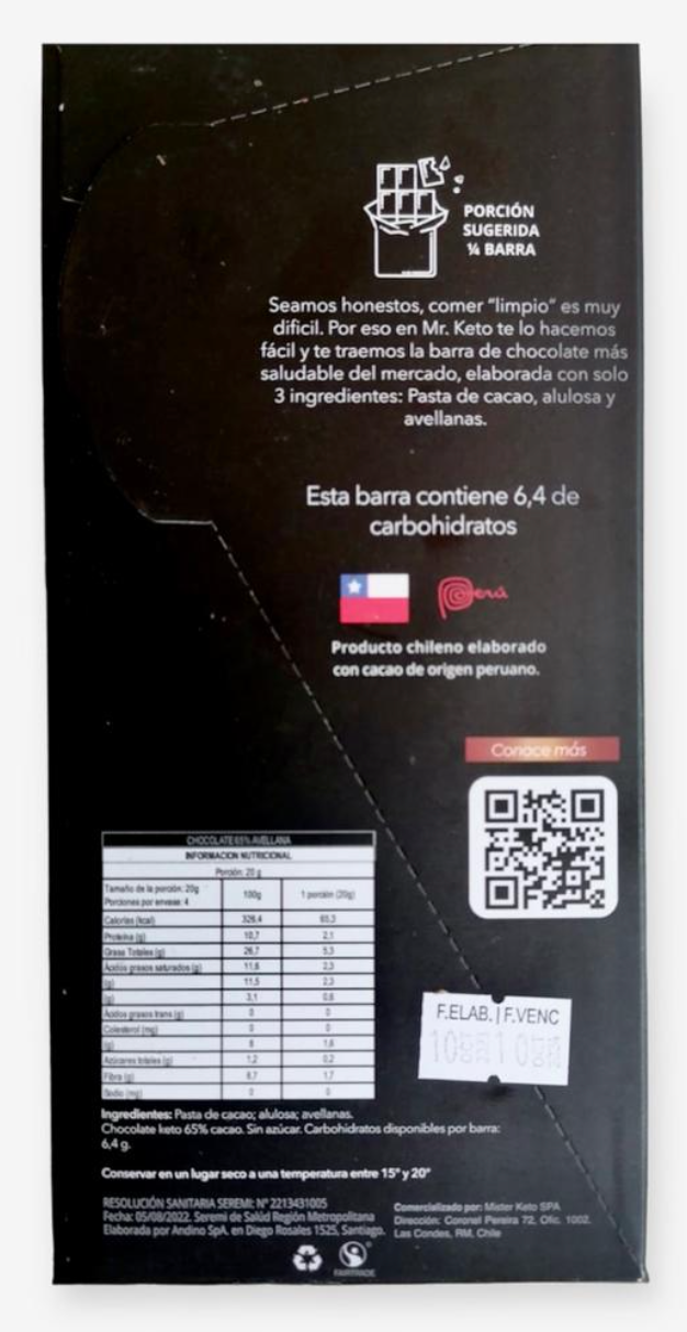 Barra chocolate hazelnut 65% cacao Keto 80g