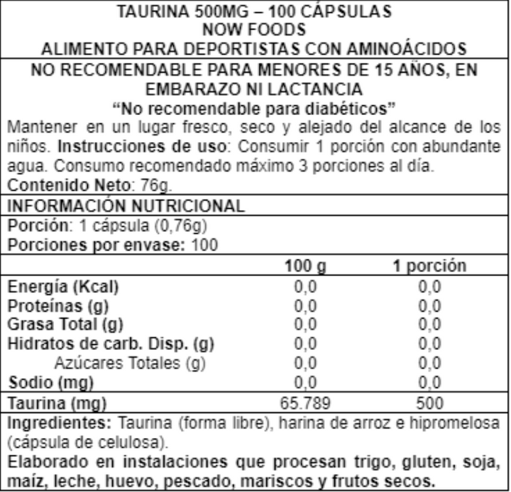Taurine 500 mg 100 caps - Now Foods