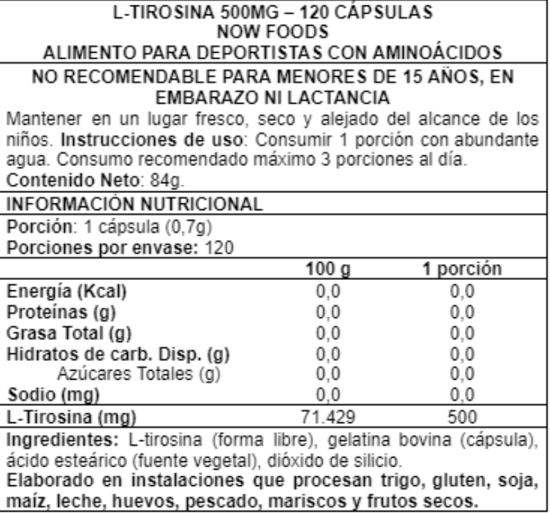 L-Tyrosine 500 mg 120 Caps - Now Foods
