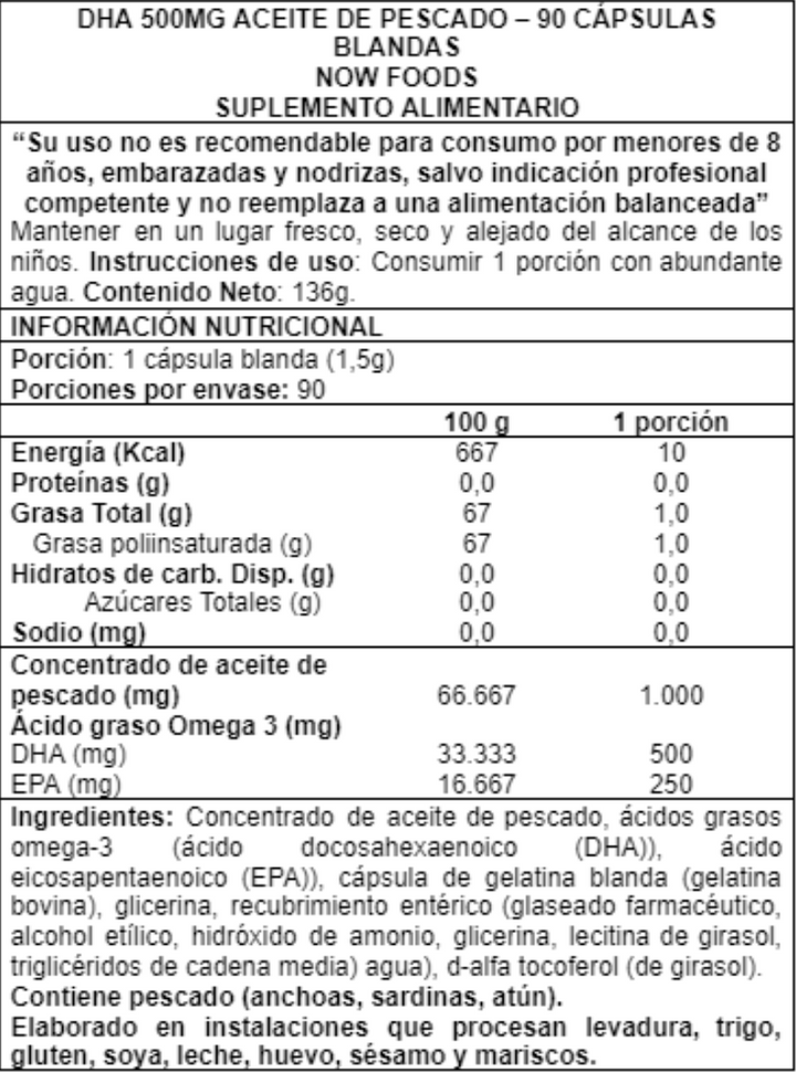 DHA 500 mg 90 Caps- Now Foods