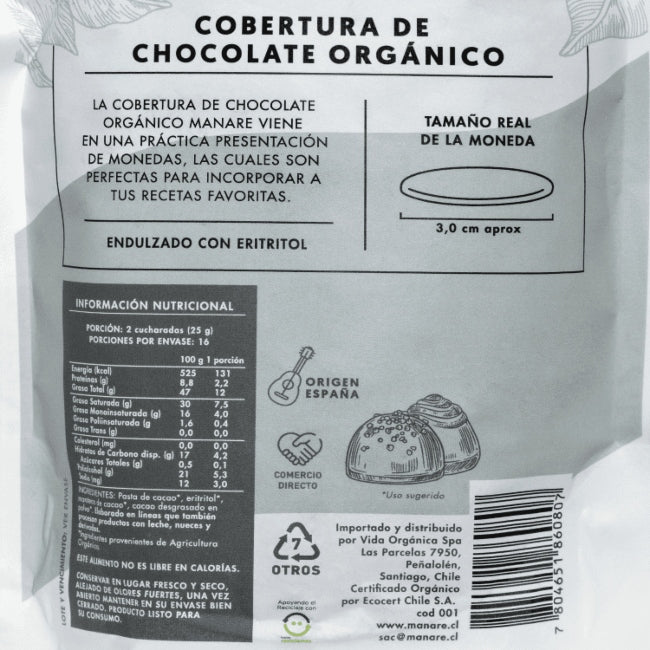 Manare - Cobertura sin azúcar 79% cacao orgánico 400g