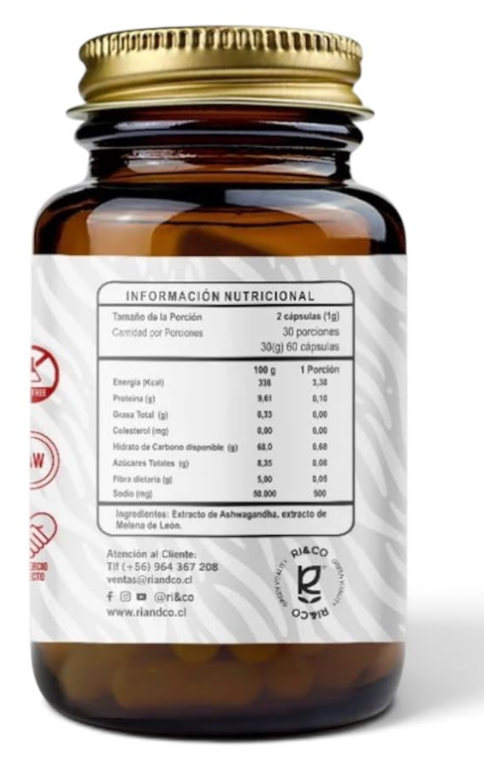 Melena De León + Ashwagandha 500mg 60 Caps. vegetales Ri&co