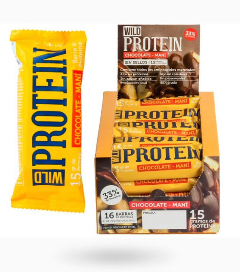 Wild Protein - Barra proteína chocolate maní (sin azúcar añadida) 16 unid.
