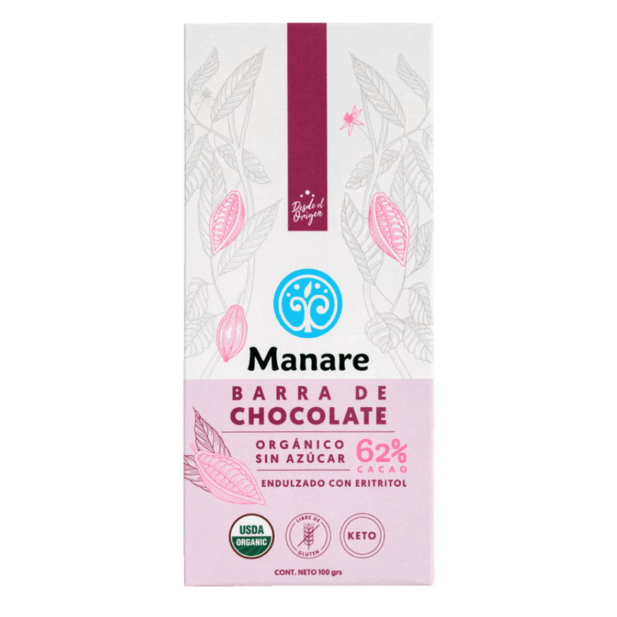 Manare · Chocolate Keto 62% cacao (orgánico, sin azúcar, sin gluten) 100 gr